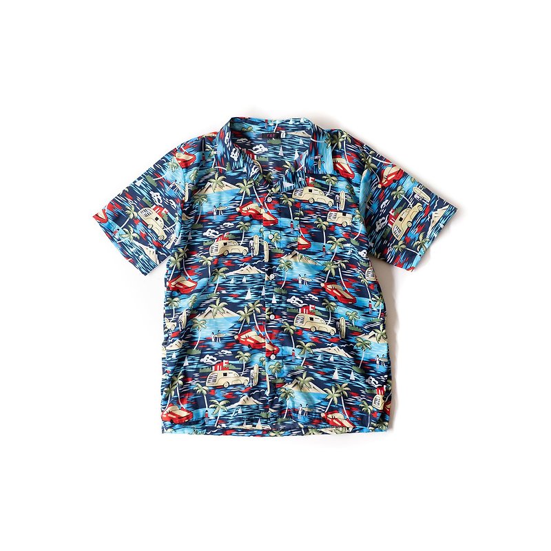 A PRANK DOLLY - 蓝色冲浪小人夏威夷花衬衫 - 男装衬衫 - 聚酯纤维 蓝色