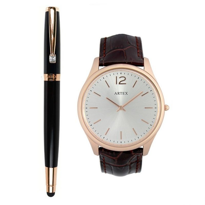 【即将完售5折】ARTEX 雅致触控钢珠笔玫瑰金黑+真皮手表 - 女表 - 真皮 咖啡色