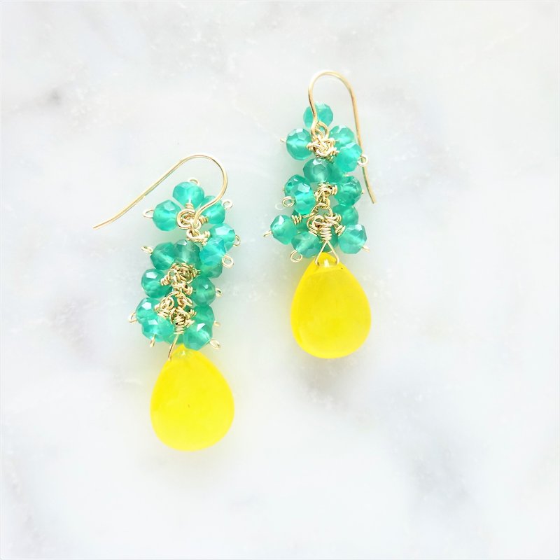 14kgf*Pineapple motief Honey color Jade pierced earring / earring - 耳环/耳夹 - 宝石 黄色