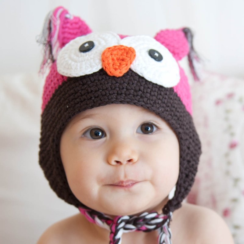 Cutie Bella手工编织帽Owl-Fuchsia/Brown/Blue Flower - 婴儿帽/发带 - 棉．麻 红色