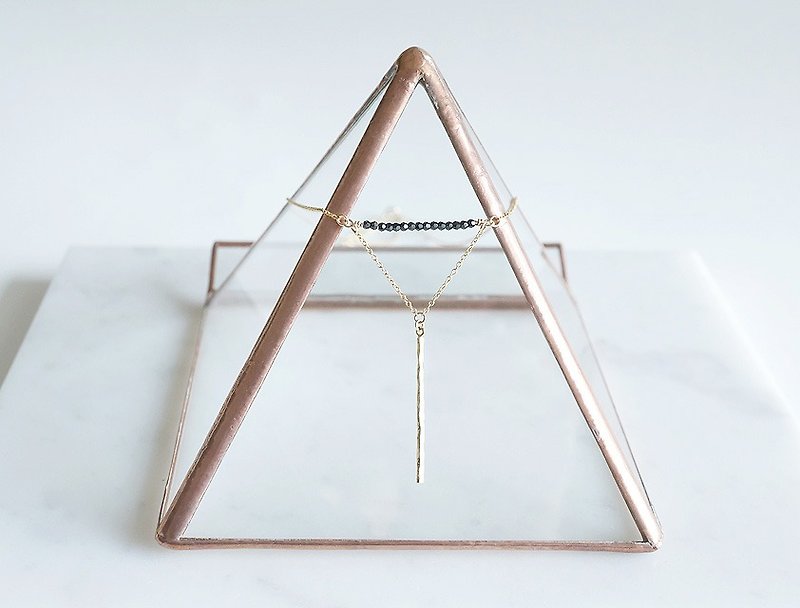 【Monica】14KGF Swarovski Chain Triangle Necklace, Hammered Bar - 项链 - 其他金属 金色