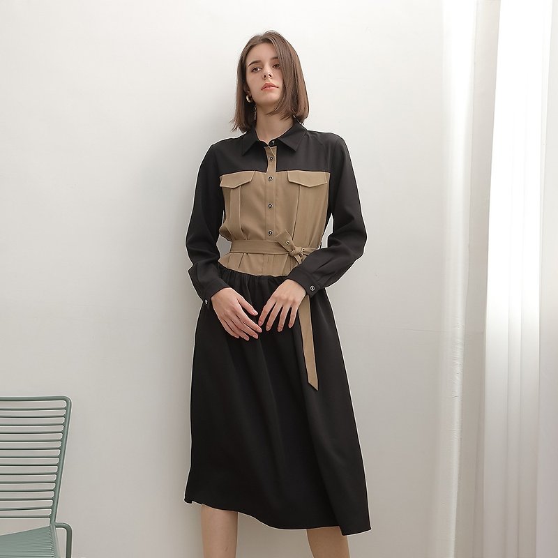 AVVJOY | 拼接设计风衣洋装合身长袖中长裙黑色 - 洋装/连衣裙 - 聚酯纤维 黑色