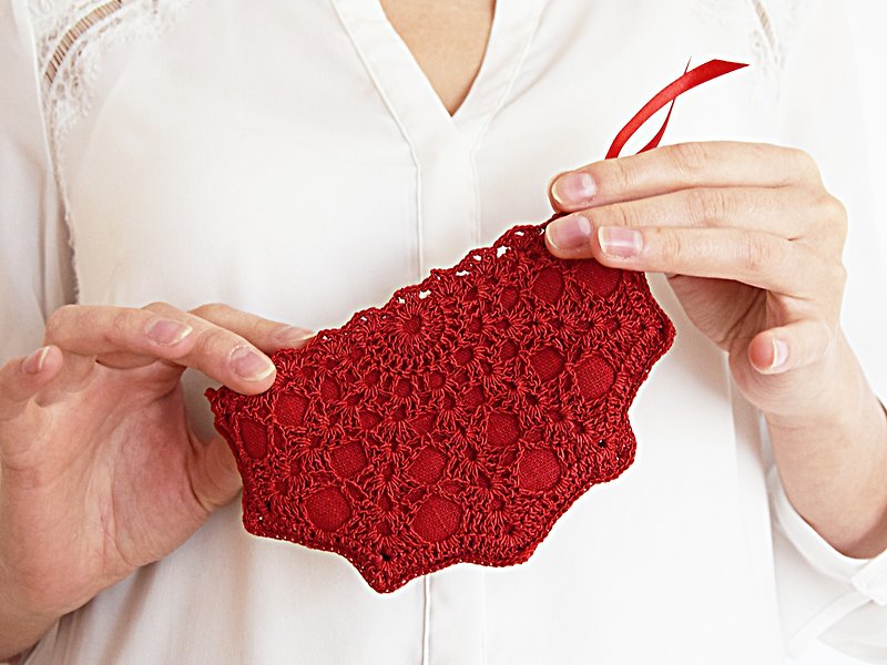 Red Crochet Zippered Coin Purse, Cord Organizer Earphone Case, Earbud Pouch - 零钱包 - 聚酯纤维 红色