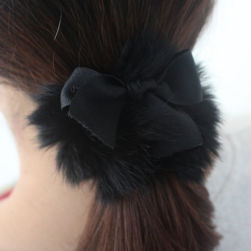 Black Rabbit Fur hair scrunchy  Band Pony Tail Holder  - 发饰 - 聚酯纤维 黑色