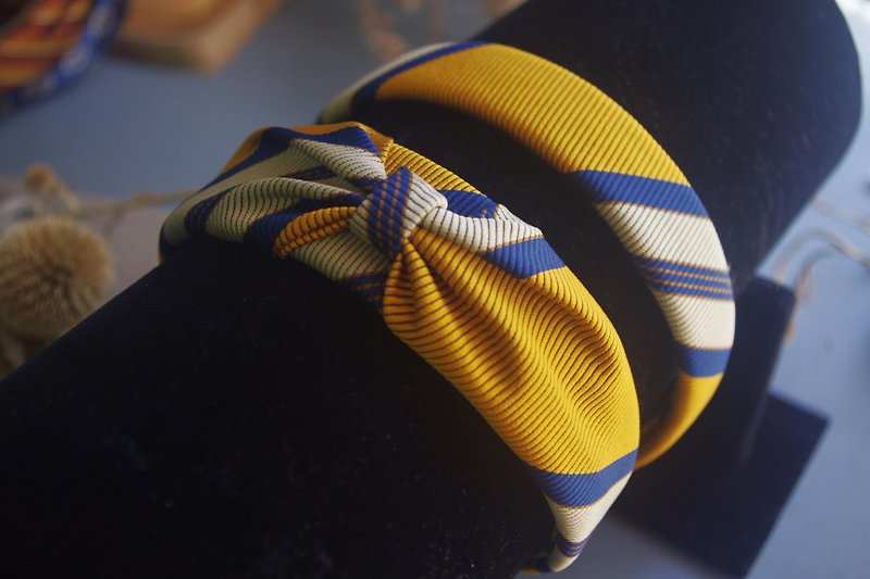 手作-古董布花领带改造复古发箍-学院芥黄-蝴蝶结款 - 发饰 - 聚酯纤维 黄色