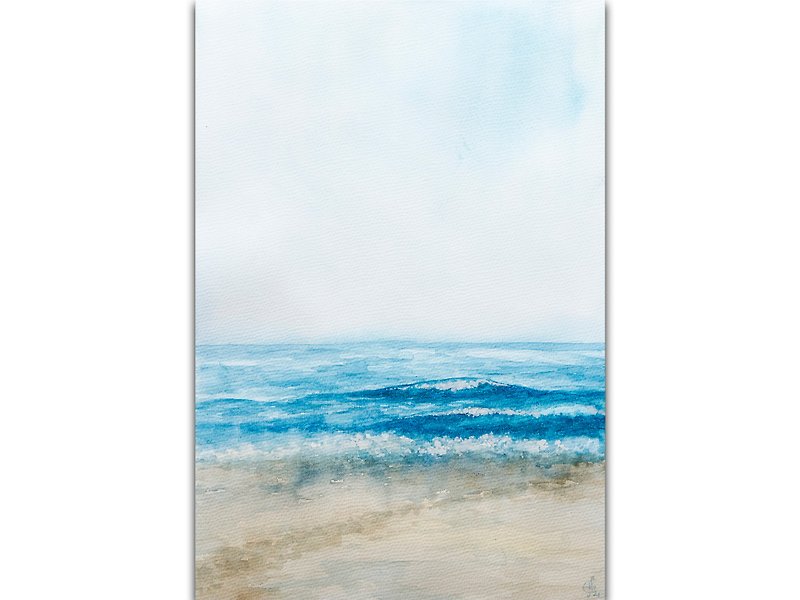 Seascape Painting Beach Original Art Ocean Watercolor Hand-Painted Sea Wave - 海报/装饰画/版画 - 纸 蓝色