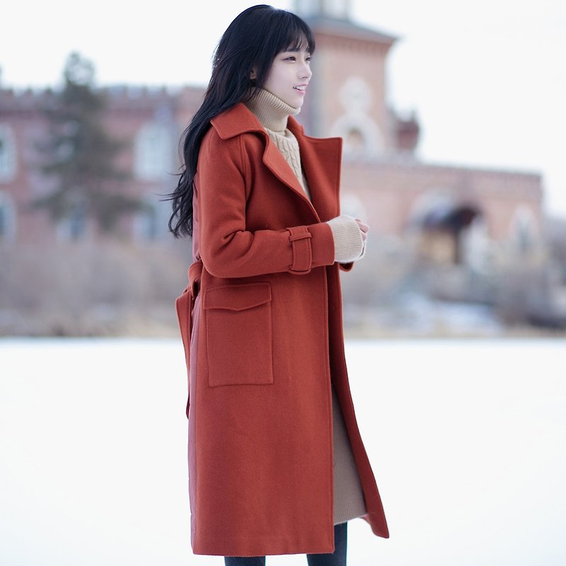 冬装韩版后片拼接腰带长款呢外套 7ND937T - 女装休闲/机能外套 - 其他材质 红色