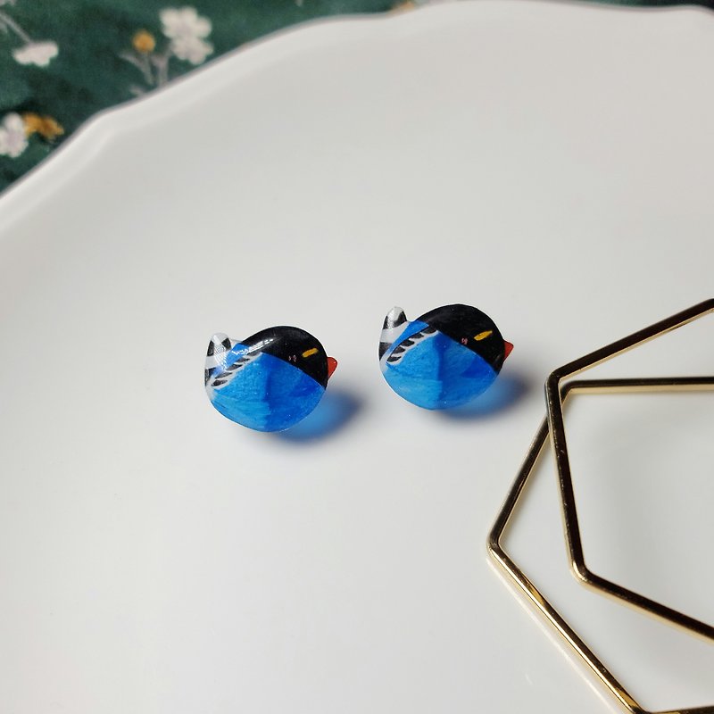 台湾蓝鹊 台湾特有种 可爱表情 手绘热缩片 耳环 - 耳环/耳夹 - 不锈钢 蓝色