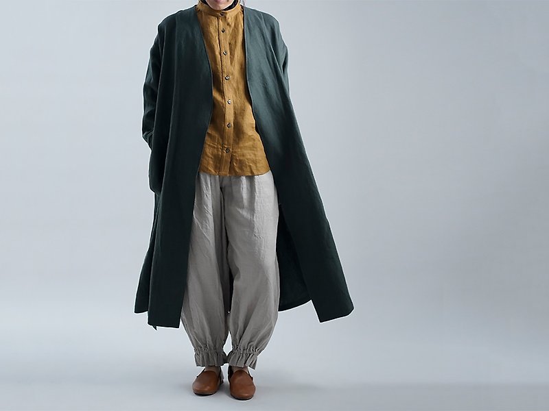 wafu - 亞麻外套 風衣 Collarless Pure Linen Coat / Vert Fonce h022j-vfs2 - 女装西装外套/风衣 - 亚麻 绿色