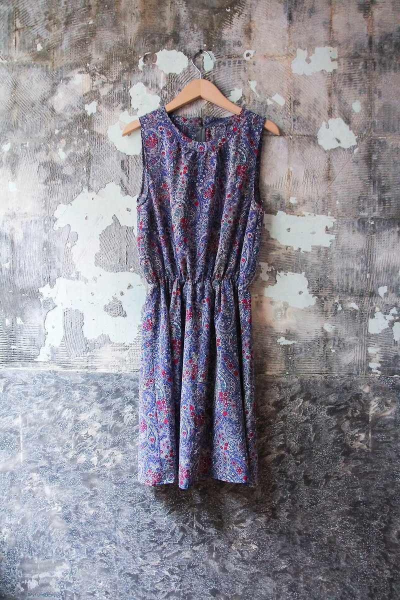 袅袅百货公司-Vintage 蓝紫色变形虫布花无袖洋装 复古着 - 洋装/连衣裙 - 聚酯纤维 
