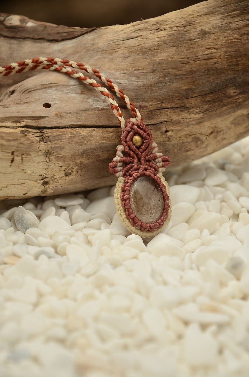 【定制化礼物】天然水晶金红石编织吊坠 - 项链 - 宝石 咖啡色
