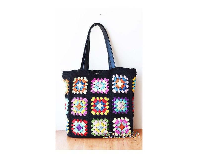Colorful Boho Tote Bag, Granny Square Bag with Vegan Leather Handles and Bottom - 手提包/手提袋 - 棉．麻 黑色