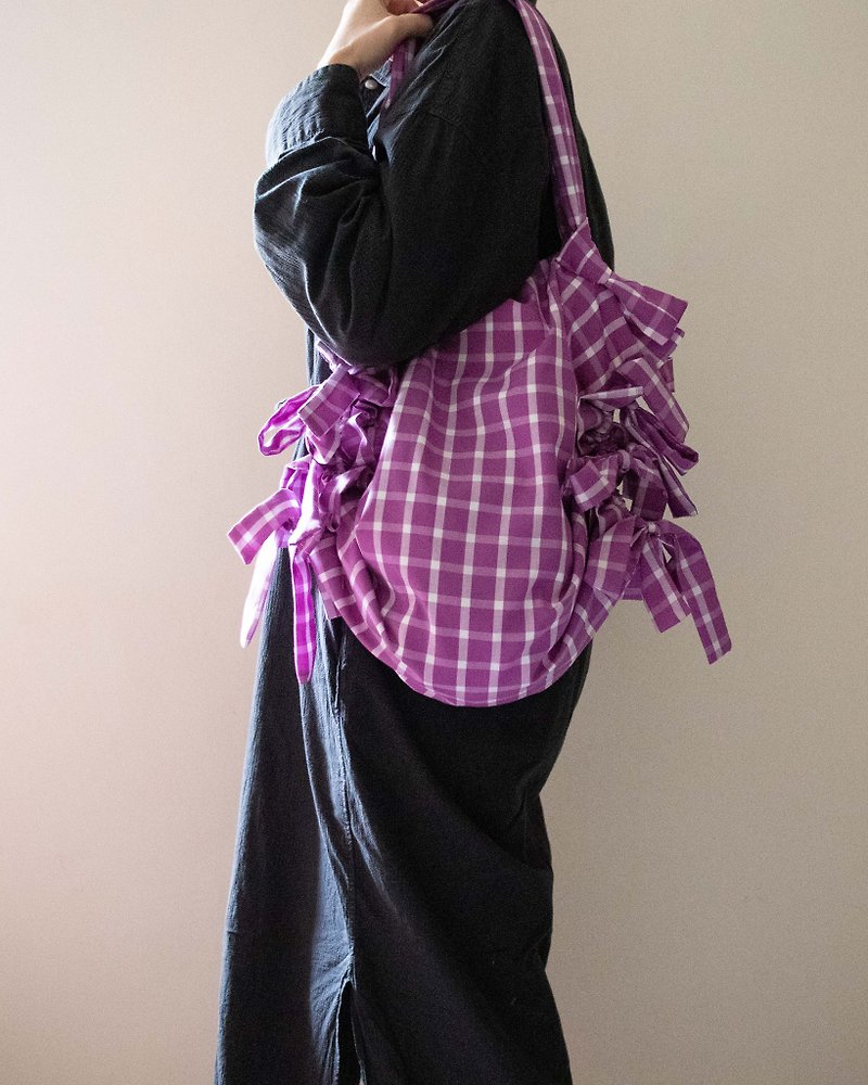 蝴蝶结绑带托特包 Ribbon Tote (L) | 紫色大格纹 - 侧背包/斜挎包 - 聚酯纤维 紫色