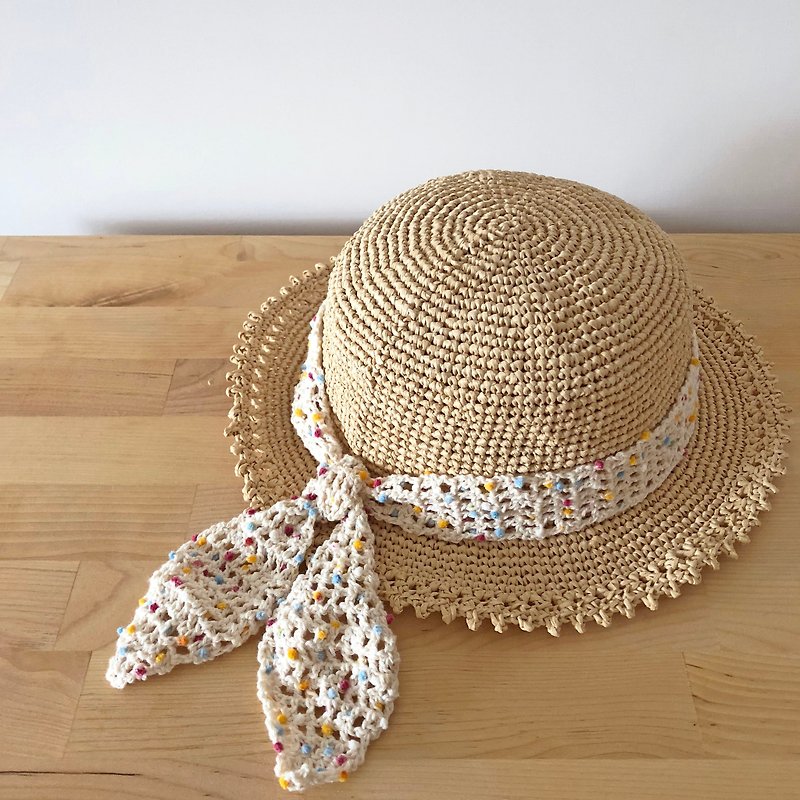 夏日编织帽--彩色棉花糖织带小圆帽 - 帽子 - 棉．麻 卡其色