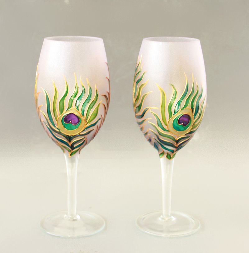 孔雀羽毛眼镜手绘 2 件套 - 酒杯/酒器 - 玻璃 紫色