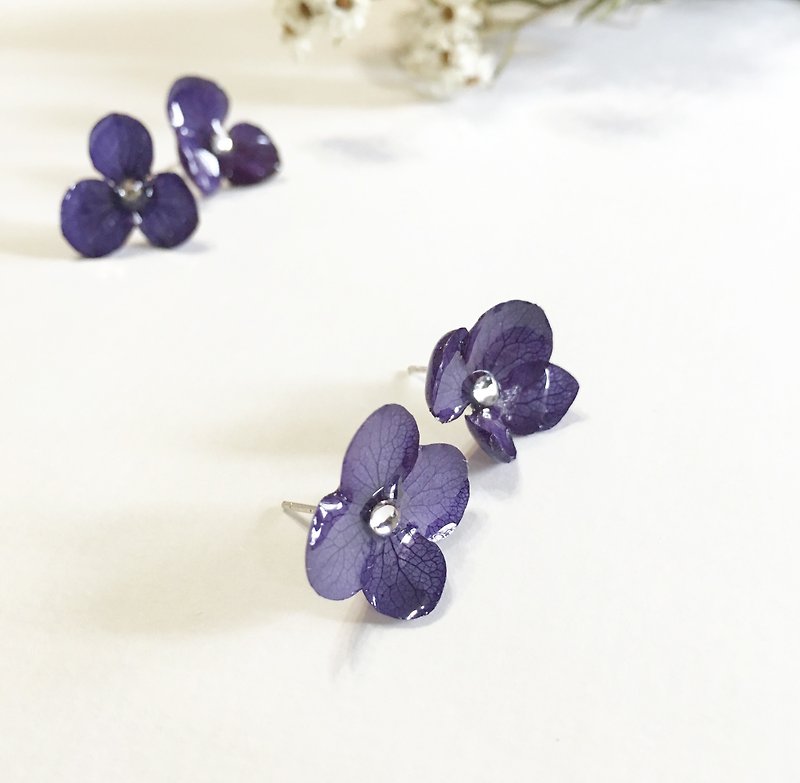 立体真花绣球花纯银耳环 - 耳环/耳夹 - 植物．花 蓝色