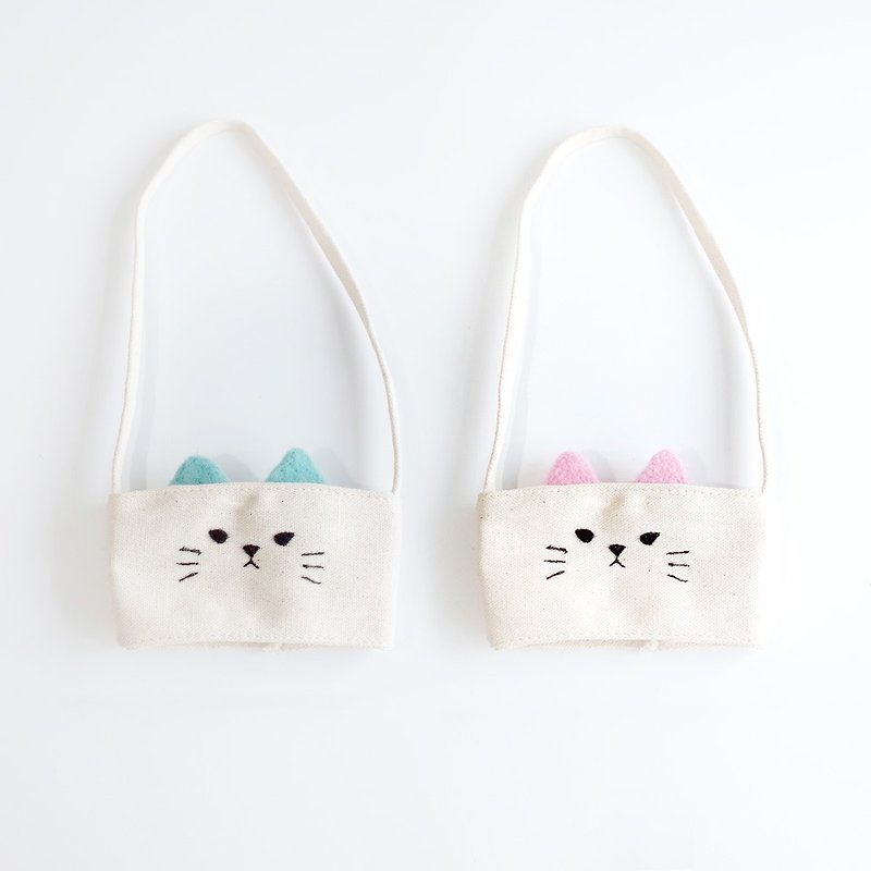 【Q-cute】篓空饮料提袋系列-小杯粉嫩猫猫 - 随行杯提袋/水壶袋 - 棉．麻 多色