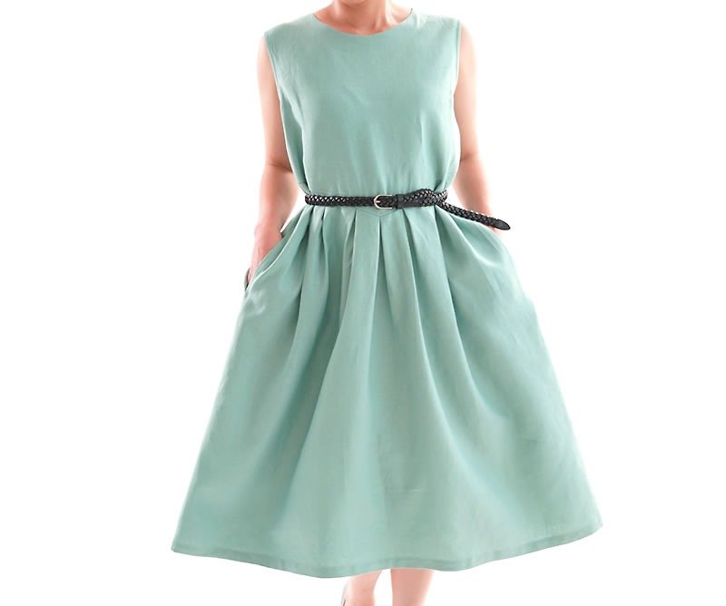 Linen keyboard tuck's sleeveless dress / mint　 a13-53 - 洋装/连衣裙 - 棉．麻 绿色
