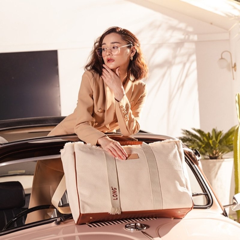 Daydreaming Oversized Canvas Leather Weekender Bag - Ivory - 行李箱/行李箱保护套 - 环保材料 白色