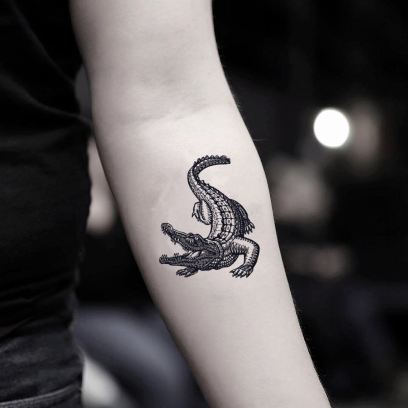 OhMyTat 鳄鱼 Alligator 刺青图案纹身贴纸 (2 张) - 纹身贴 - 纸 黑色
