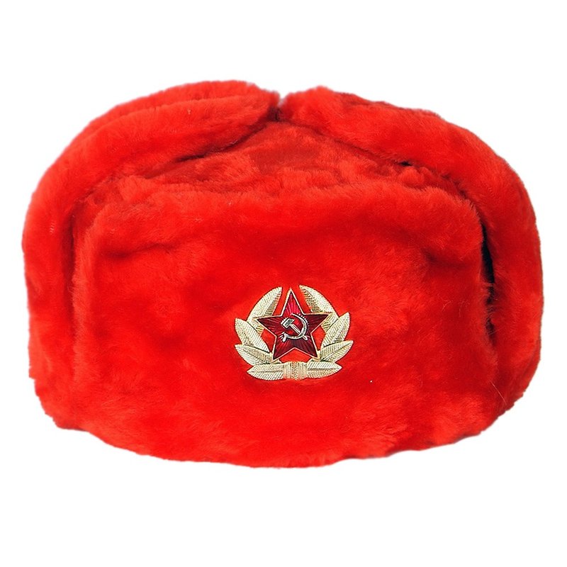 USHANKA 俄罗斯军事苏联军队冬季士兵帽子人造毛皮苏联红星徽章 - 帽子 - 其他材质 红色