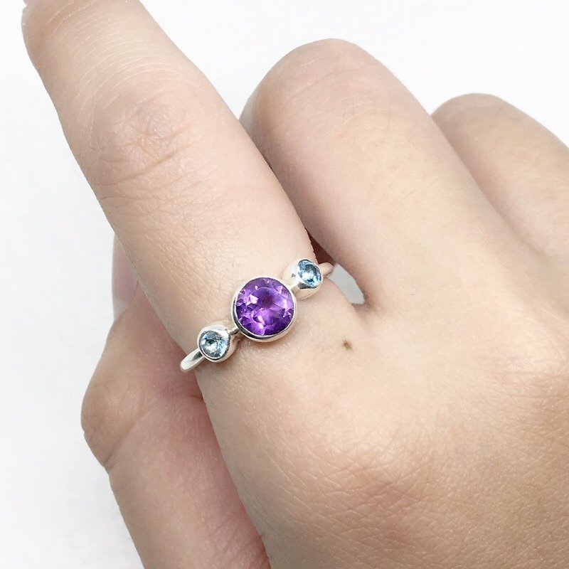 紫水晶蓝托帕石925纯银双宝石设计戒指 - 戒指 - 宝石 紫色