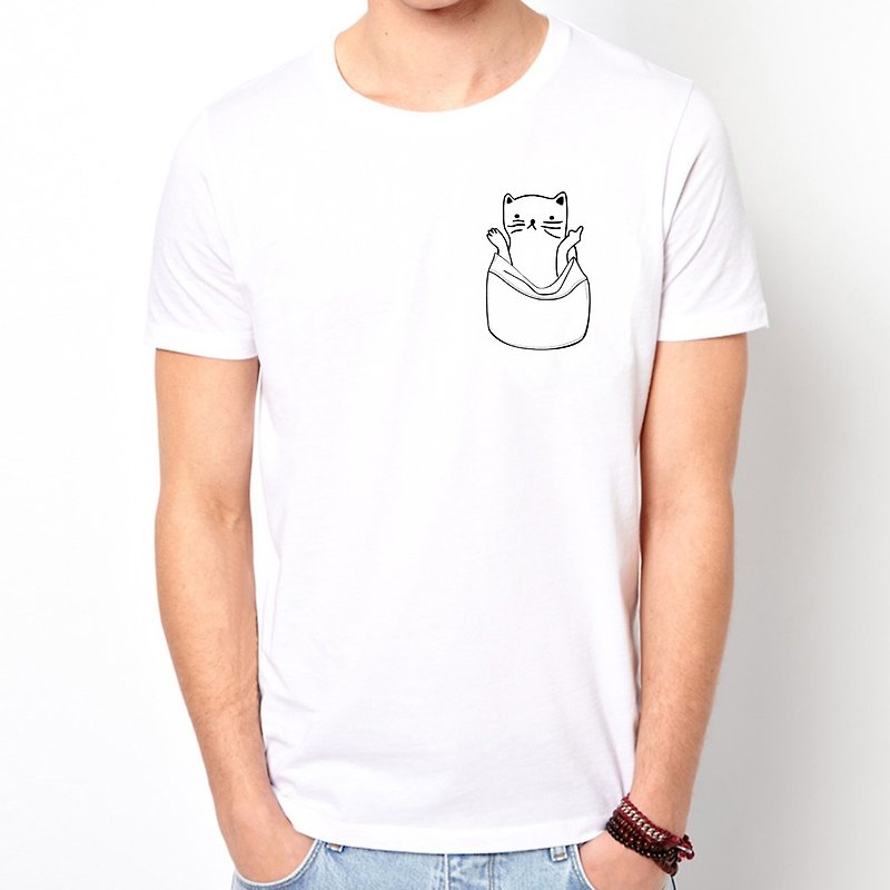 Who Cares Cat #3 假口袋 中性短袖T恤 白色 柴犬 狗 猫 毛小孩 动物 可爱 趣味 - 男装上衣/T 恤 - 棉．麻 白色