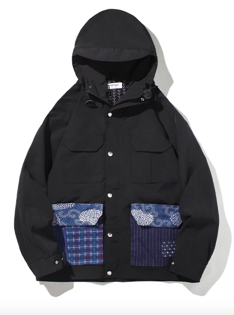 日系复古 蓝染防水冲锋衣夹克 - 男装外套 - 其他材质 黑色