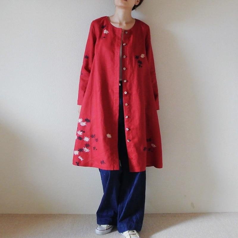 リネンコートワンピース　赤　小菊 - 女装休闲/机能外套 - 棉．麻 红色