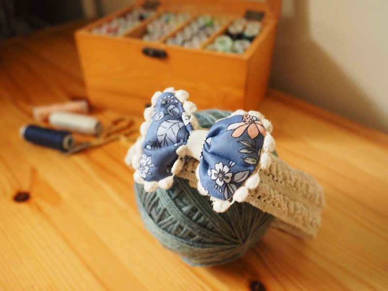 手作婴儿女童蓝色碎花蝴蝶结弹性发夹发带两用头饰 - 婴儿饰品 - 棉．麻 蓝色