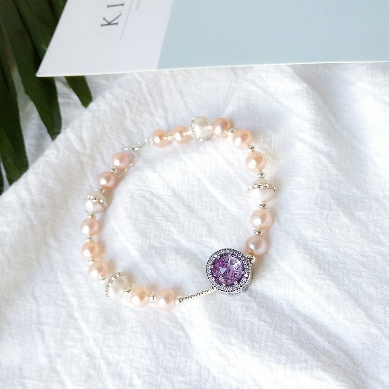 天然珍珠幸運紫水晶潘多拉手鏈個性精美手串925銀飾 - 手链/手环 - 宝石 粉红色