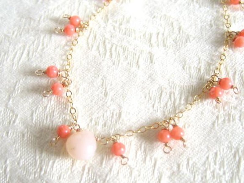 14kgfピンクオパール＆ピンクサンゴブレスレット - 手链/手环 - 宝石 粉红色