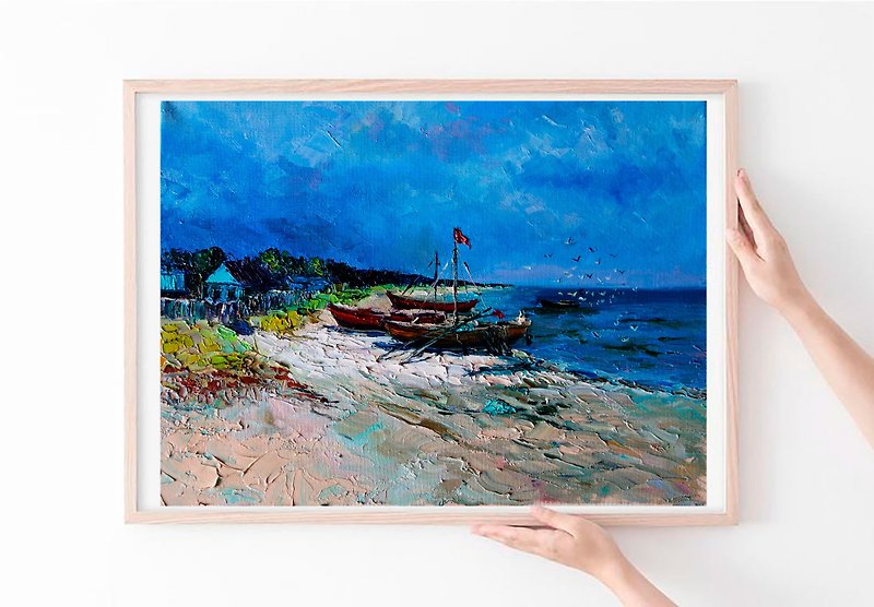 Sailboat Painting Oil Seascape Original Art Artwork Impasto Canvas Art - 海报/装饰画/版画 - 颜料 多色