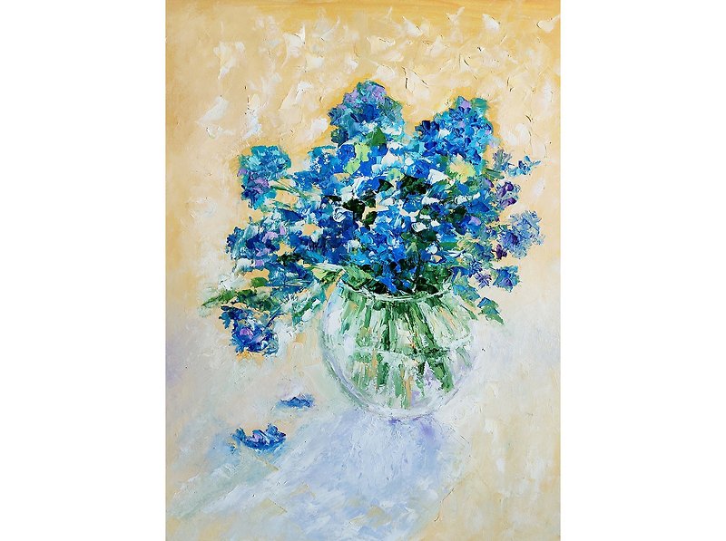 Blue Flowers Bouquet Original Painting, Forget-me-nots Art, Floral Wall Art 手工油畫 - 海报/装饰画/版画 - 其他材质 多色