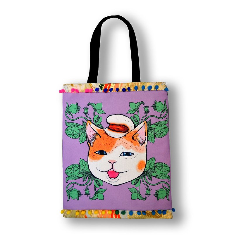 GOOKASO 双面购物袋 TOTE BAG 紫罗兰色 薏米猫咪 棉麻印花图案 背面日本和服织锦绸缎 缀彩色小球花边 - 手提包/手提袋 - 棉．麻 紫色
