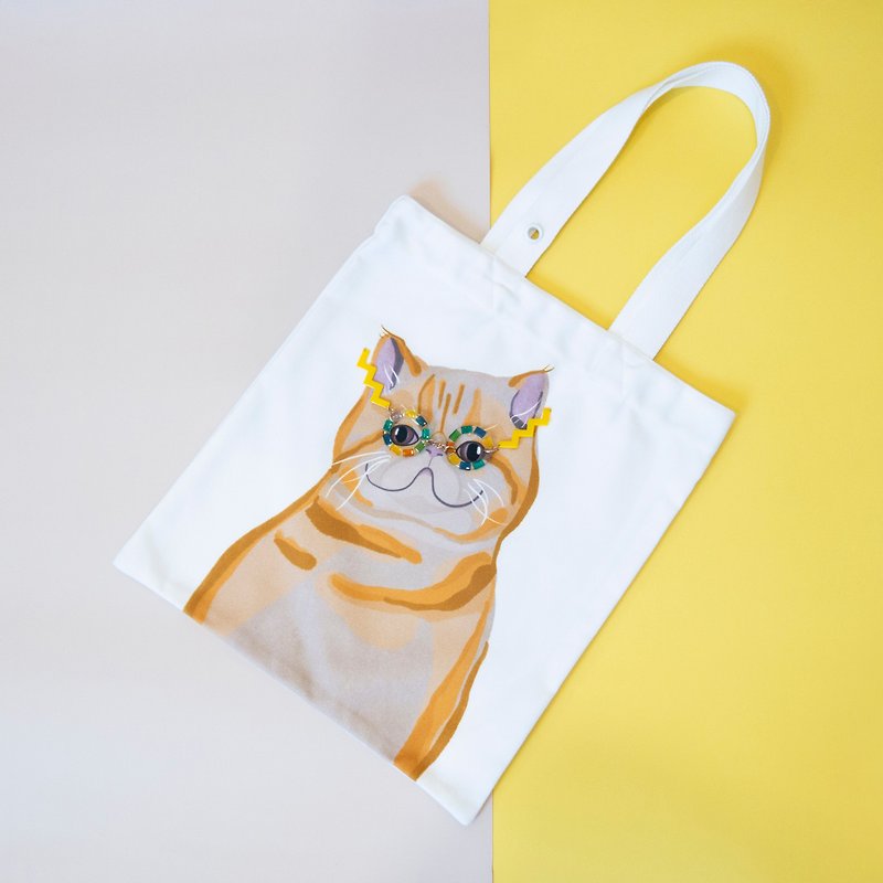 猫咪双面插画帆布包白色-眼镜加菲猫 - 手提包/手提袋 - 聚酯纤维 白色