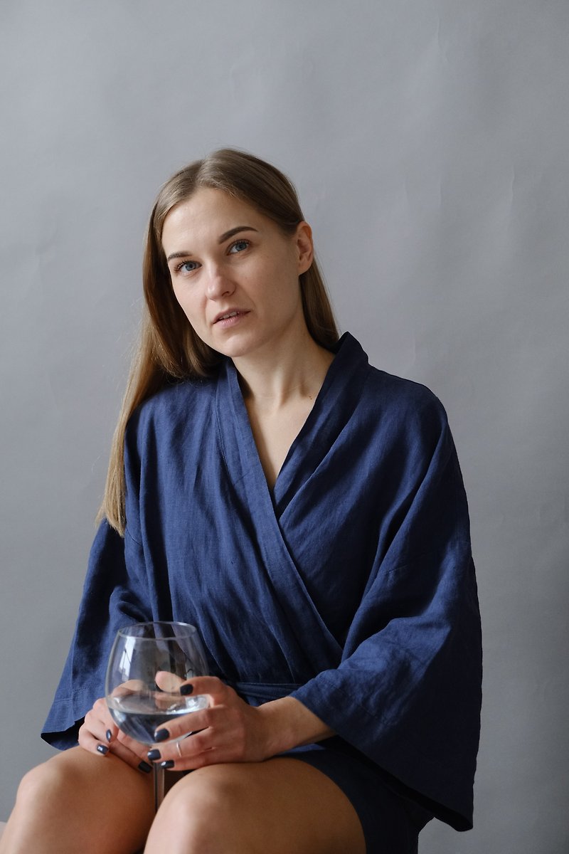 Navy Linen bathrobe for women - Kimono Robe - 居家服/睡衣 - 亚麻 蓝色
