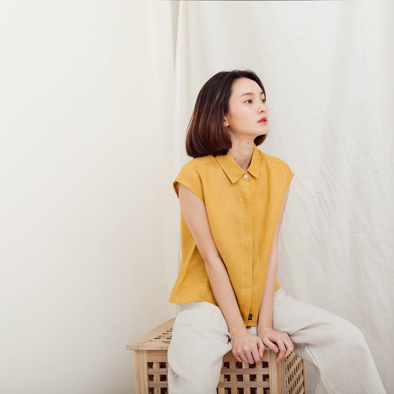 Yellow Crop Shirts - 女装衬衫 - 亚麻 黄色