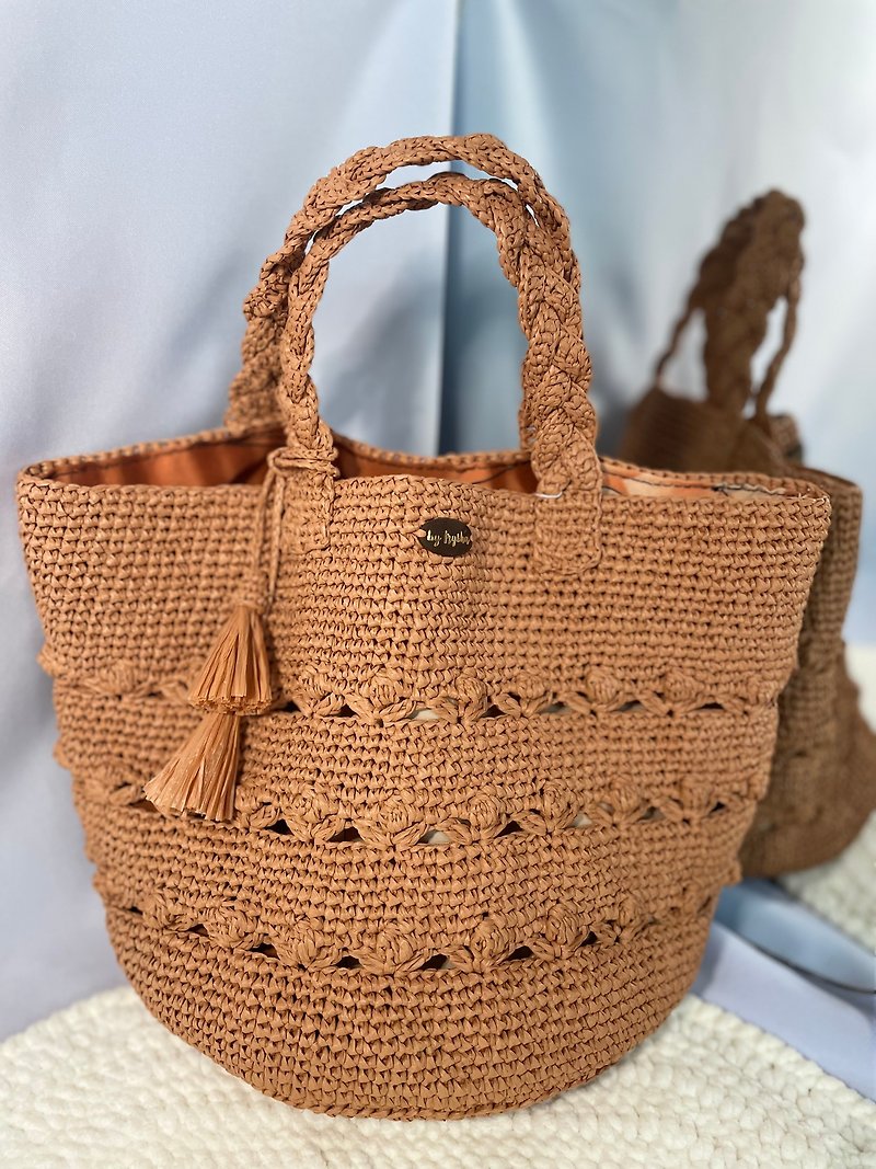 Raffia beach bag, beach bag, straw beach bag, strow bag, handmade bag - 化妆包/杂物包 - 聚酯纤维 咖啡色