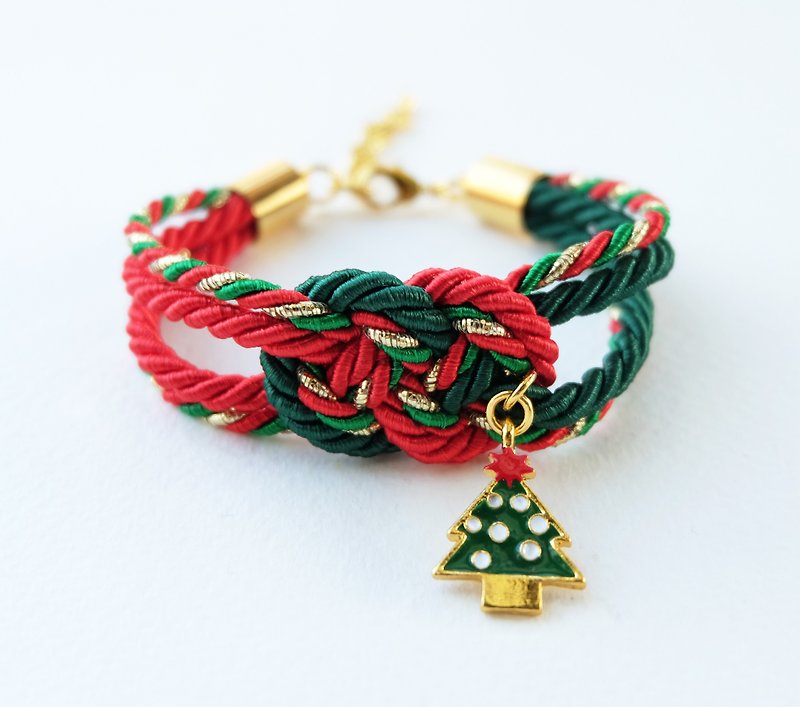 Christmas gift collection , Red/Green/Gold infinity knot rope bracelet with Christmas tree charm - 手链/手环 - 其他材质 红色