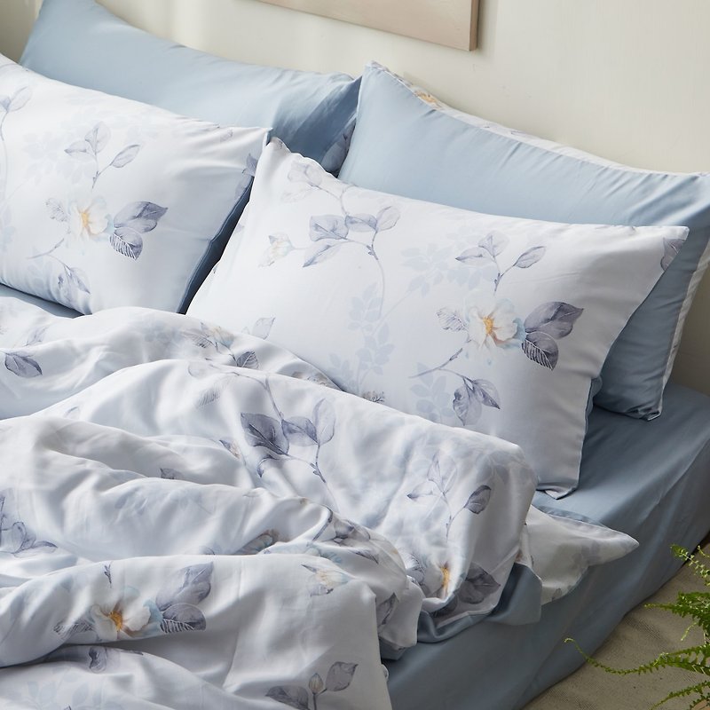 60支100%天丝-银离子床包枕套两用被套组-彩墨花蔓 - 寝具 - 其他材质 蓝色