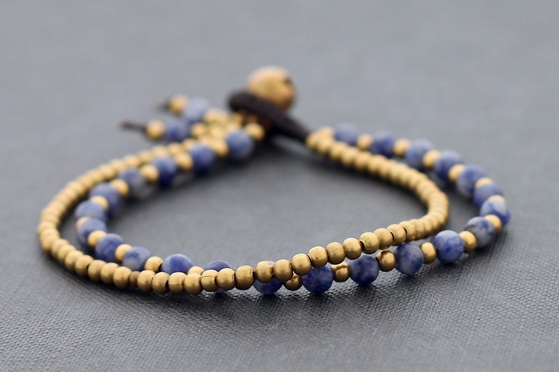 石手链Sodalite串珠编织线黄铜Boho - 手链/手环 - 纸 蓝色