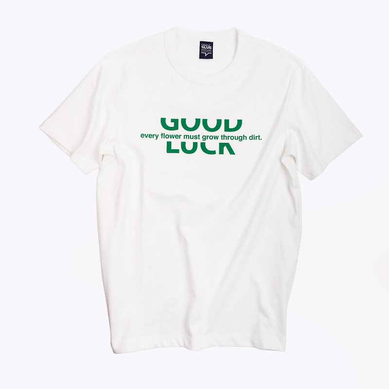 励志 GOOD LUCK 柔软刷毛无缝白TEE-绿字 - 男装上衣/T 恤 - 棉．麻 白色