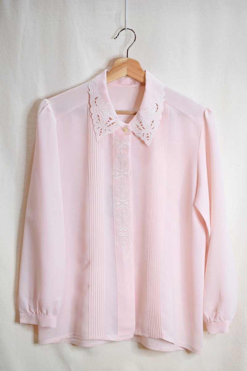 Vintage 素色雕花衬衫 粉红 - 女装衬衫 - 其他材质 