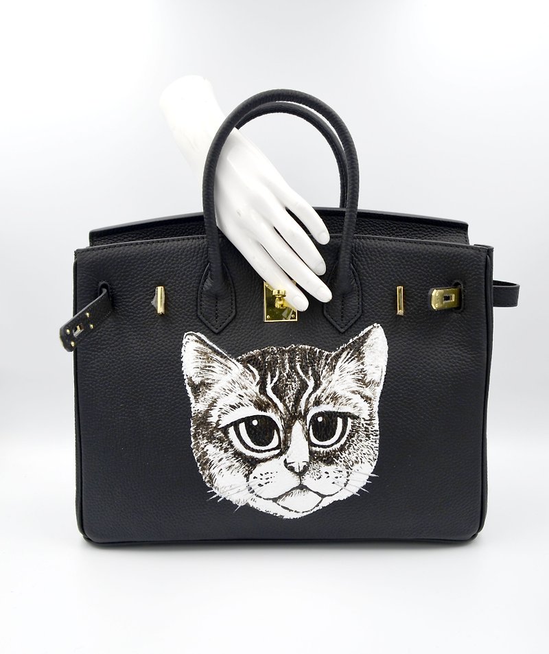 TIMBEE LO X GOOKASO 设计师手绘猫咪图案头层牛皮手袋 包包 - 手提包/手提袋 - 真皮 黑色