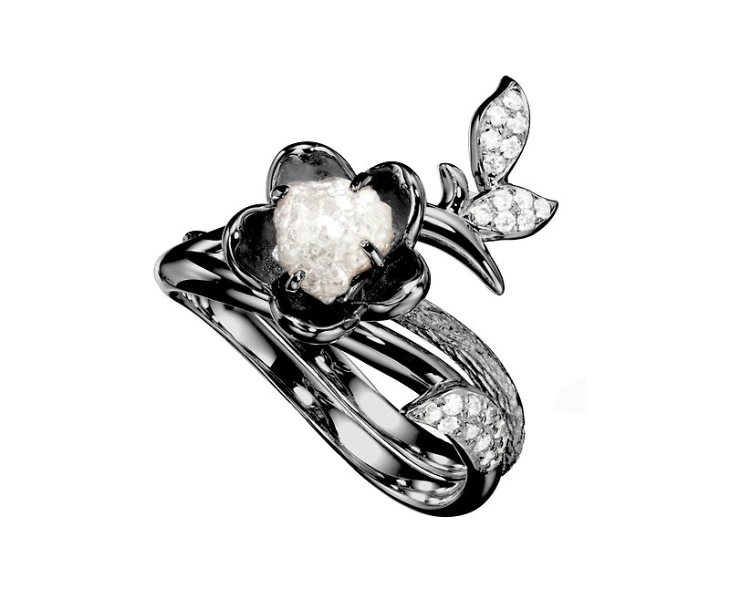 钻石钻胚14k金梅花求婚戒指套装  独特植物原石订婚酷黑戒指组合 - 对戒 - 钻石 黑色
