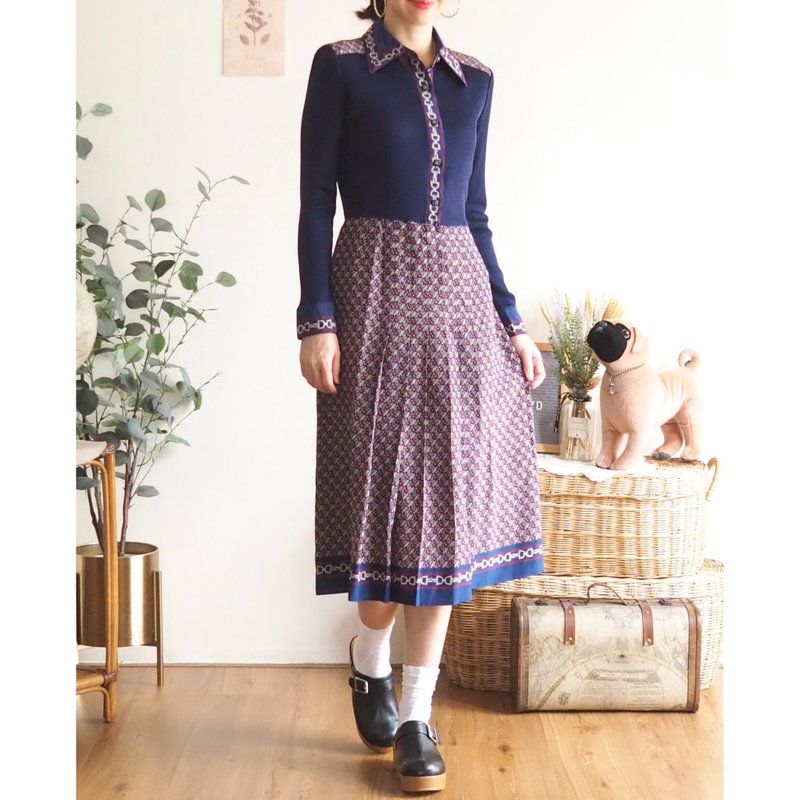 VINTAGE navy dress, Rope pattern and a graphic print (S-M) - 洋装/连衣裙 - 聚酯纤维 