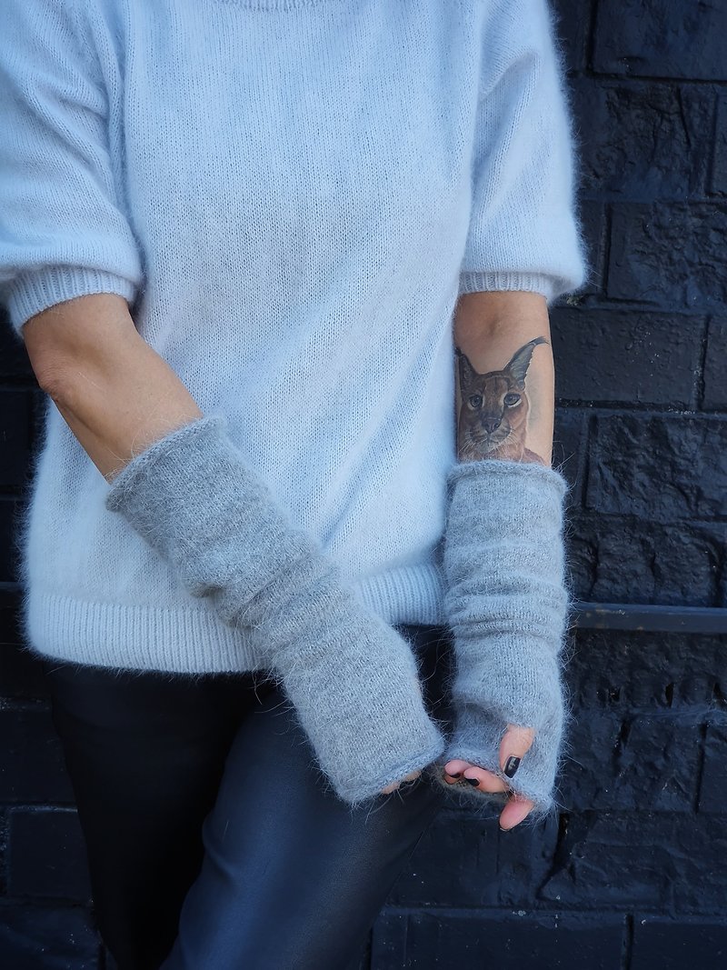 安哥拉灰无指。蓬松针织保暖手臂 - 手套 - 羊毛 灰色