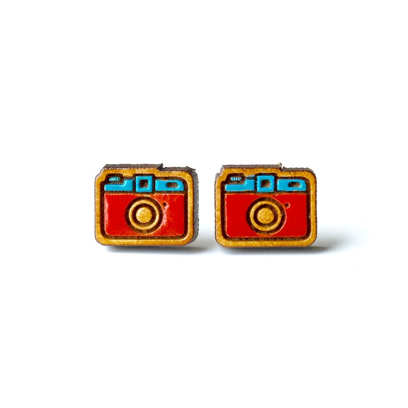 彩绘木耳环-相机(红色) - 耳环/耳夹 - 木头 红色