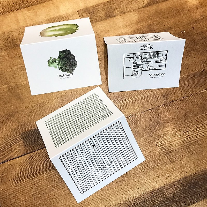 サンキューカード /メッセージカード　間取りや野菜、原稿用紙のシュールな二つ折りカードミニ　３点セット　Tcollector - 卡片/明信片 - 纸 白色